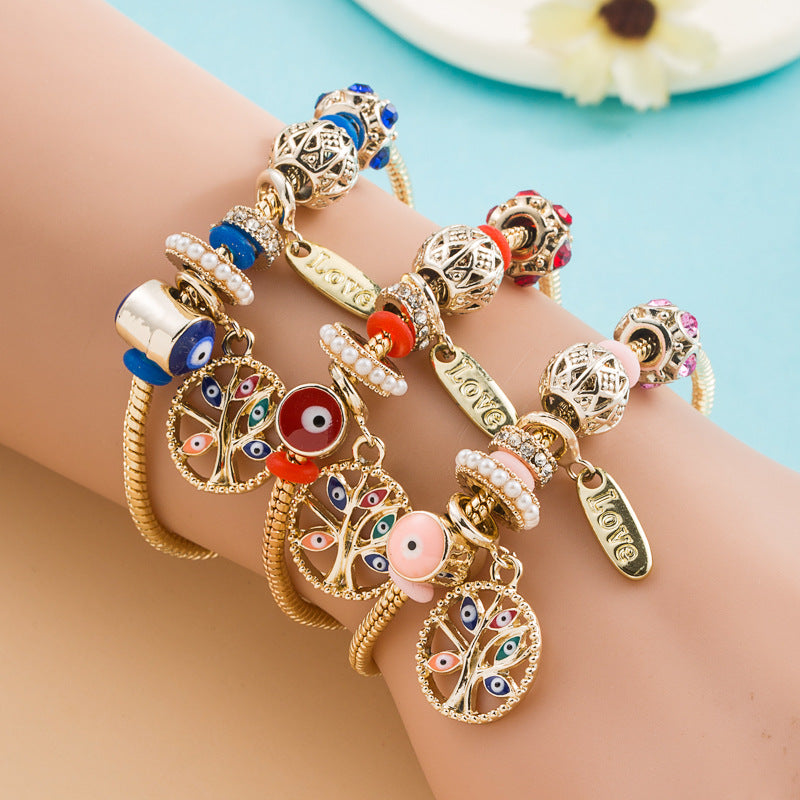Fashion Gold Devil's Eye Rhinestone Alloy Bracelet with Tree of Life Charm