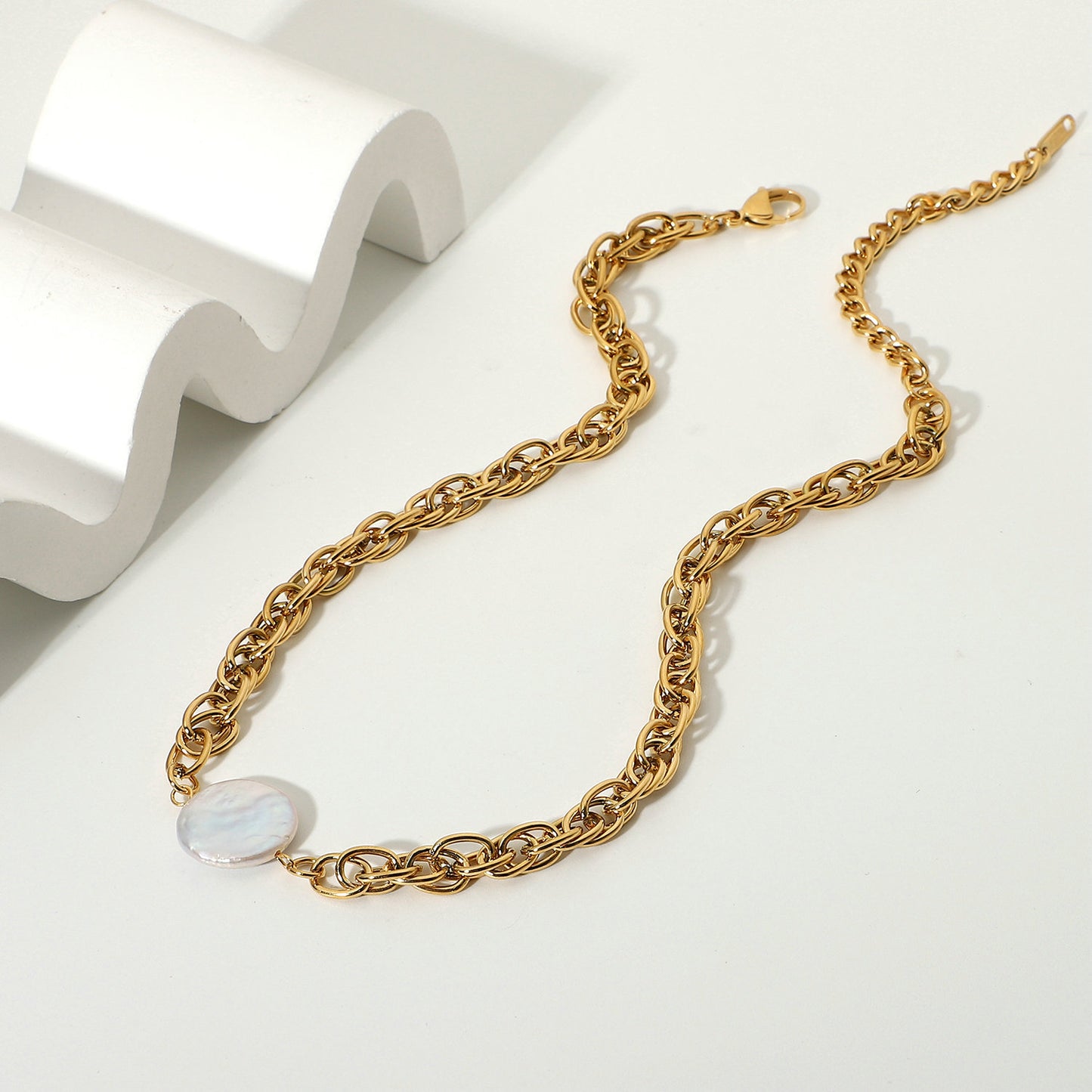 Gold-Plated Stainless Steel Pearl Chain Necklace