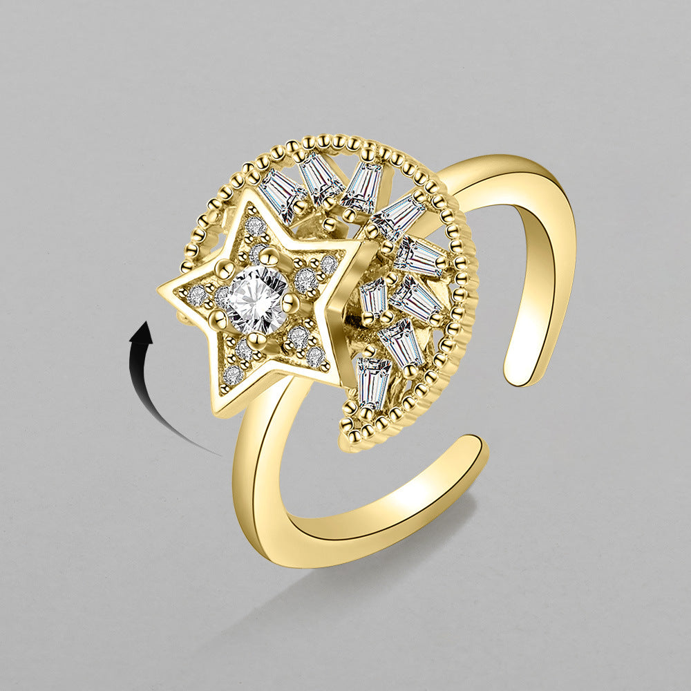 Adjustable Golden Star Moon Zircon Rotating Copper Ring