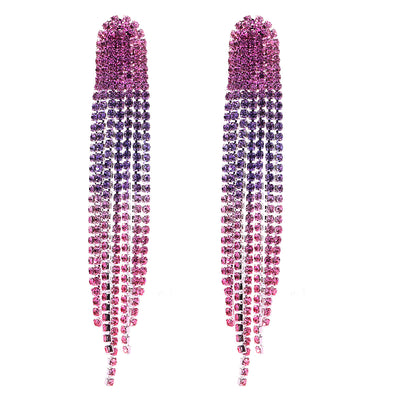 Gradient Rhinestone Tassel Long Alloy Earrings