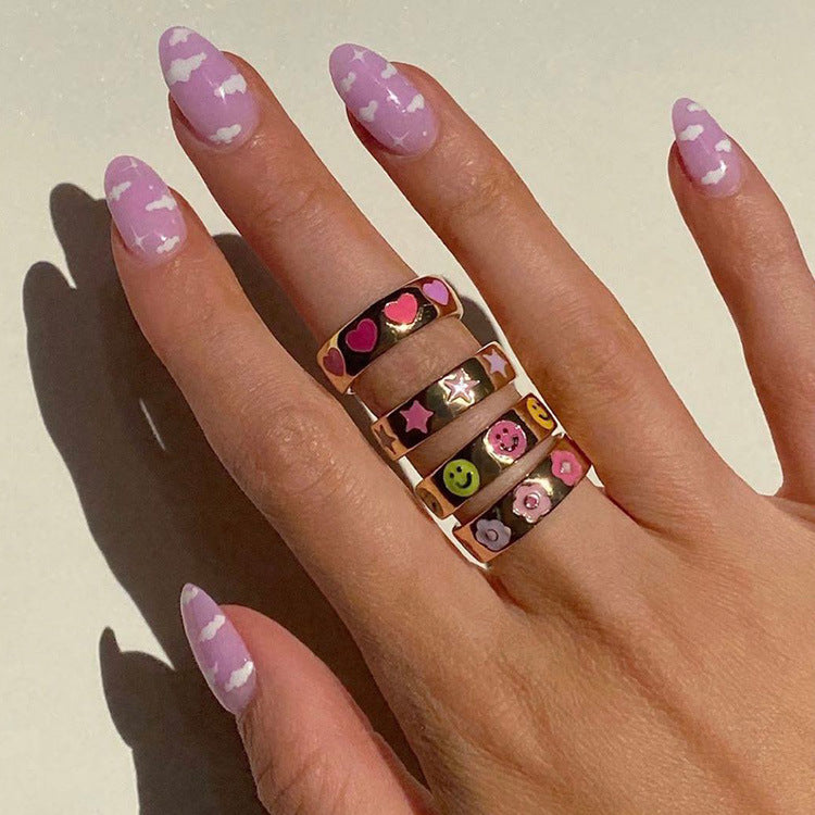 Fashion Heart Flower Smiley Face Star Alloy Ring for Women