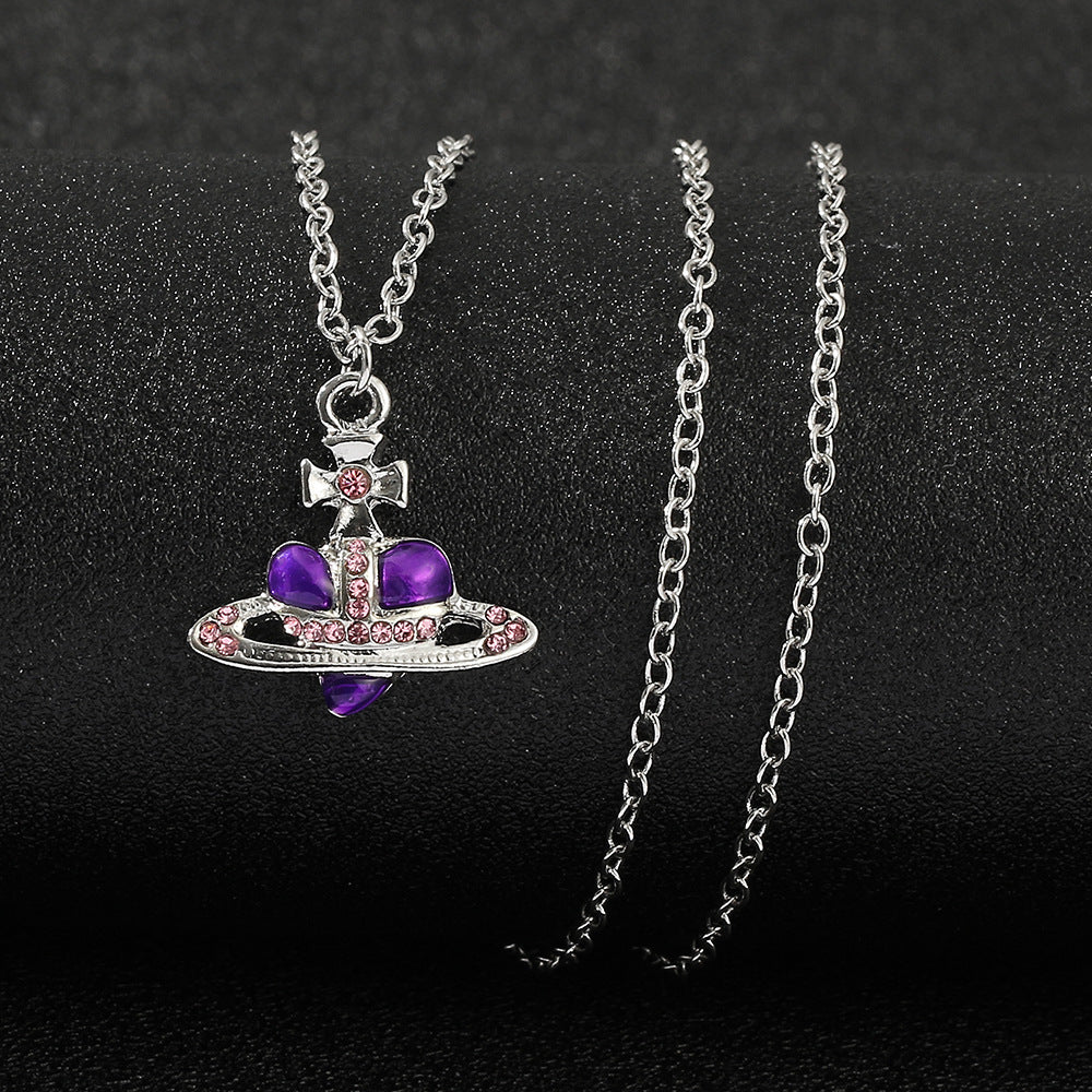 Heart Shape Alloy Pendant Necklace with Rhinestone Inlay and Glass Planet Charm