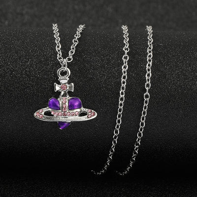 Heart Shape Alloy Pendant Necklace with Rhinestone Inlay and Glass Planet Charm