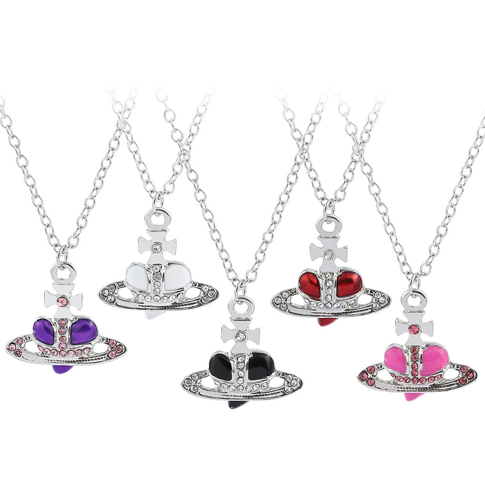 Heart Shape Alloy Pendant Necklace with Rhinestone Inlay and Glass Planet Charm