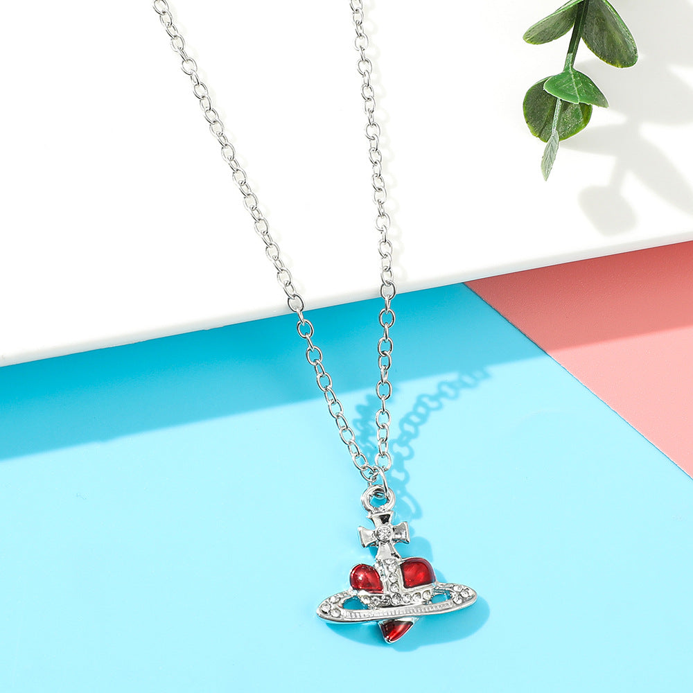 Heart Shape Alloy Pendant Necklace with Rhinestone Inlay and Glass Planet Charm