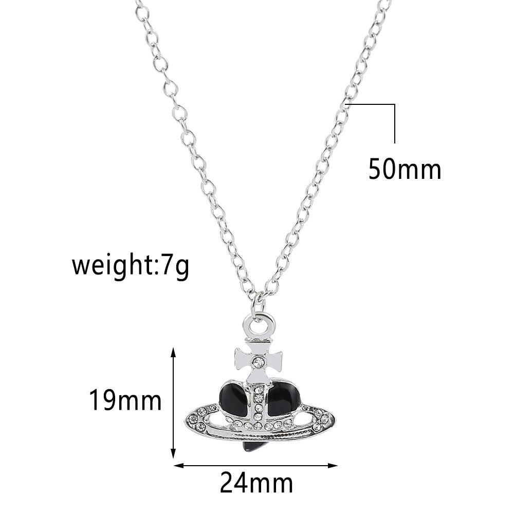 Heart Shape Alloy Pendant Necklace with Rhinestone Inlay and Glass Planet Charm