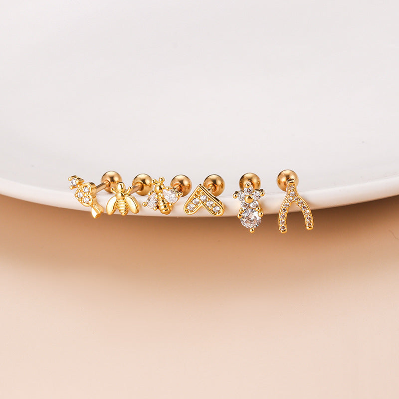 Heart Shape Bee Zircon Stainless Steel Ear Studs