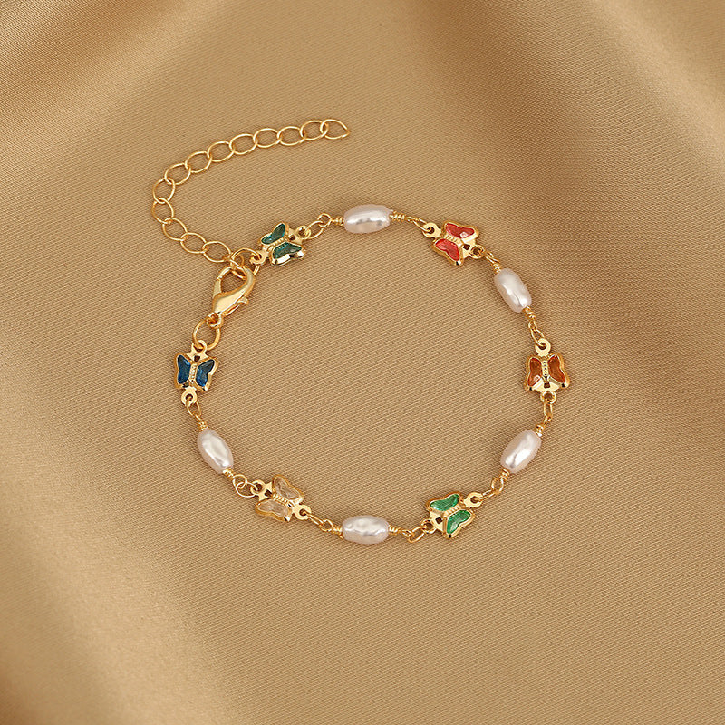 Fashion Heart Butterfly Alloy Bracelet and Necklace Jewelry Set with Artificial Pearls and Colorful Zircon