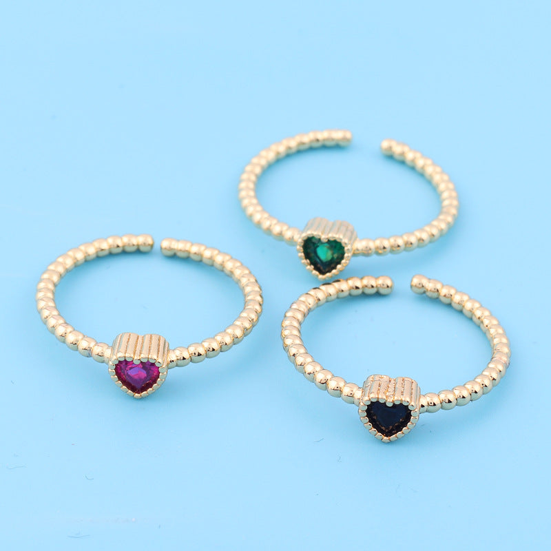 Fashion Heart Shape 18k Gold Plated Multicolor Zircon Open Ring