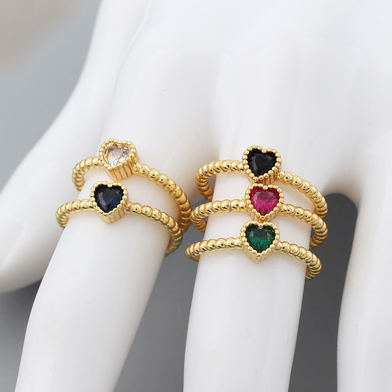 Fashion Heart Shape 18k Gold Plated Multicolor Zircon Open Ring