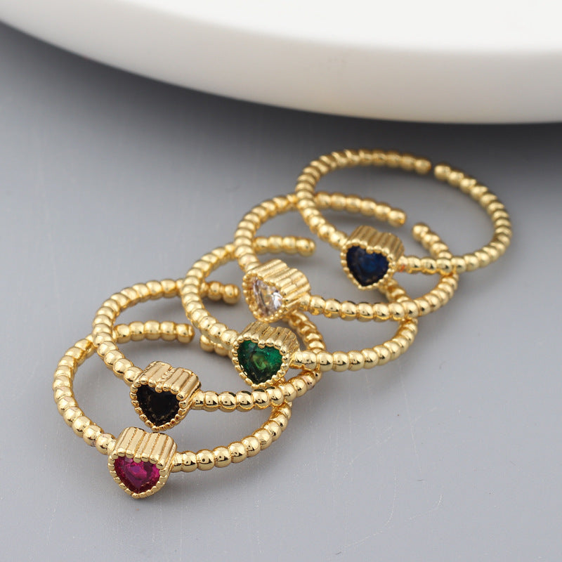 Fashion Heart Shape 18k Gold Plated Multicolor Zircon Open Ring