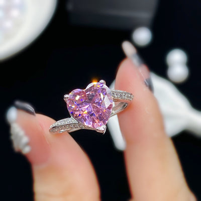 Fashion Pink Tourmaline Heart Shape Adjustable Zircon Copper Ring
