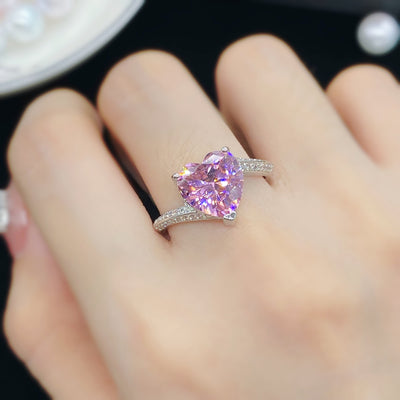 Fashion Pink Tourmaline Heart Shape Adjustable Zircon Copper Ring