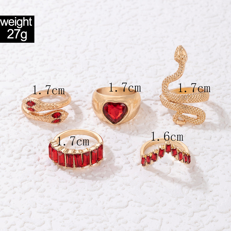 Heart Shape Snake Rhinestone Ring Set - Unisex, 5 Pieces