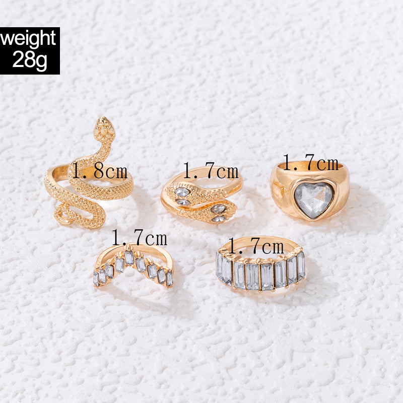 Heart Shape Snake Rhinestone Ring Set - Unisex, 5 Pieces