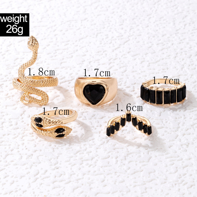 Heart Shape Snake Rhinestone Ring Set - Unisex, 5 Pieces
