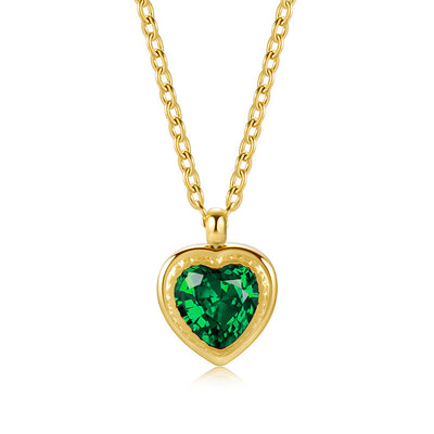 Heart Shape Gold Plated Zircon Pendant Necklace - Stainless Steel Vintage Style