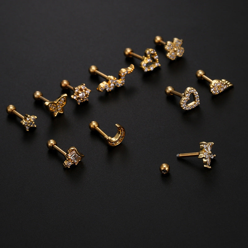 Heart and Moon Zircon Inlay Stainless Steel Ear Stud