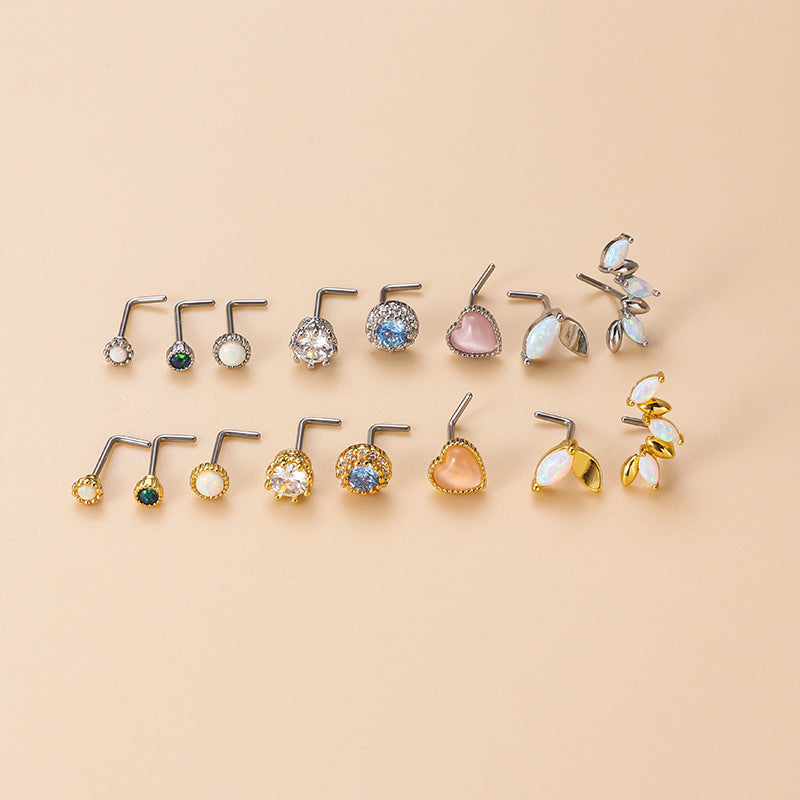 Fashion Heart Shape Stainless Steel Opal Inlay Nose Stud 20g Piercing Jewelry