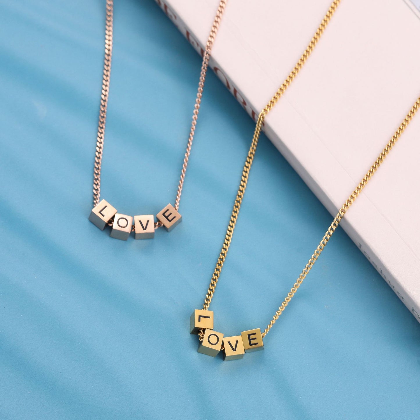 Heart Shape Titanium Steel Shell Zircon Pendant & Vintage Love Letter Block Necklace