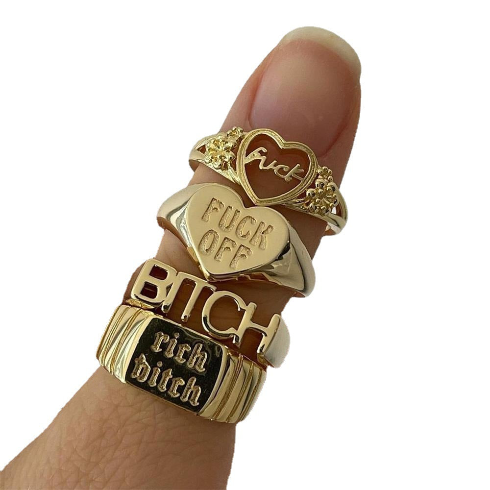 Fashion Heart Shaped Letter English FUCK OFF Brass Ring