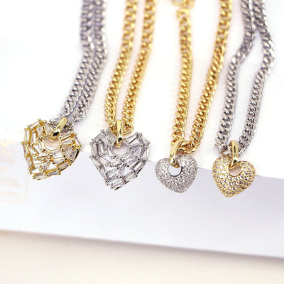 Fashion Heart Zircon Pendant Thick Chain Necklace for Women