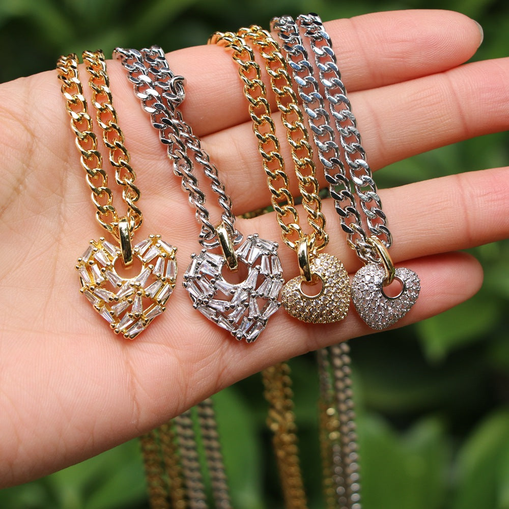 Fashion Heart Zircon Pendant Thick Chain Necklace for Women