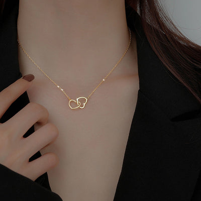 Heart-shaped Double Ring Hollow Titanium Steel Necklace - Minimalist 18k Gold Plated Clavicle Chain