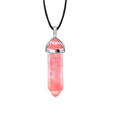 Hexagon Prism Natural Stone Leather Rope Necklace with Quartz Point Pendant