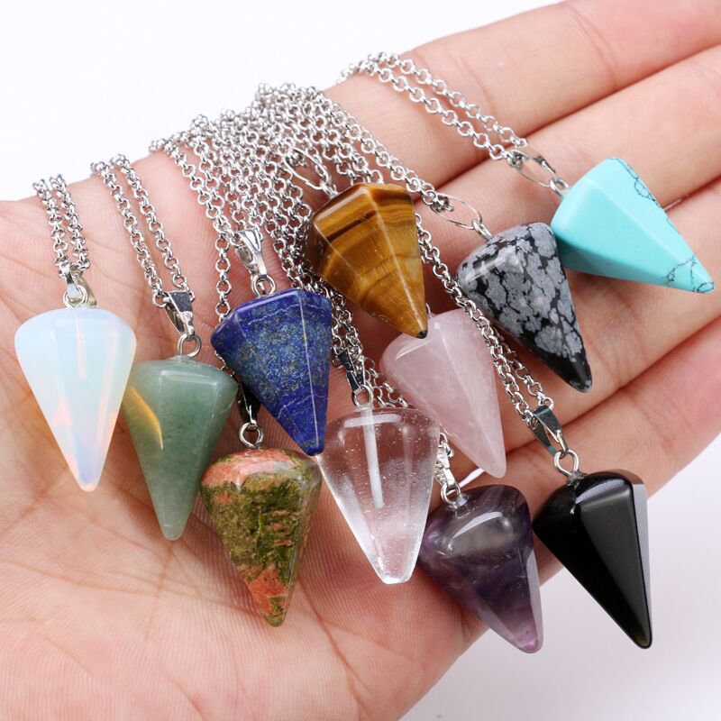 Hexagonal Cone Natural Stone Crystal Pendant Necklace
