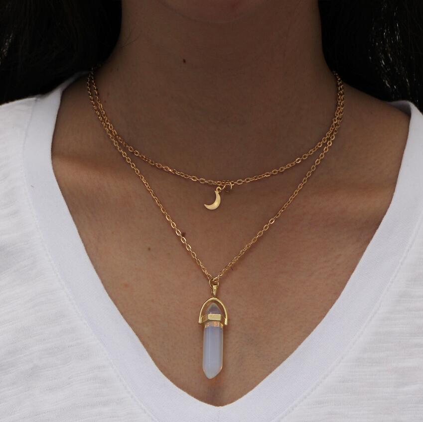 Hexagonal Pillar Pendant Layered Necklace for Women