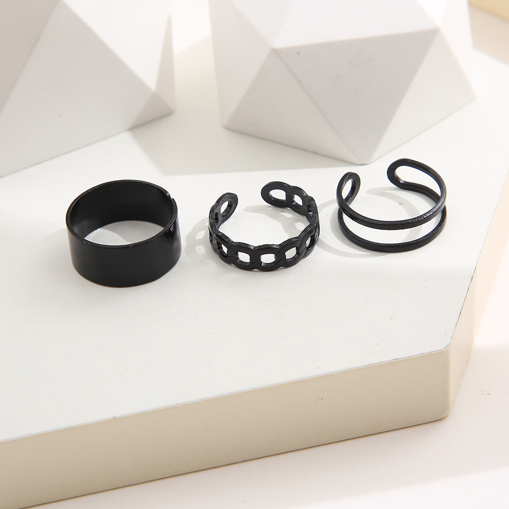 Fashion Hip-hop Black Vintage C-shaped Open Alloy Ring Set - 3 Pieces