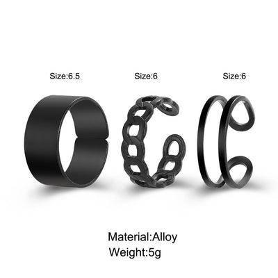 Fashion Hip-hop Black Vintage C-shaped Open Alloy Ring Set - 3 Pieces