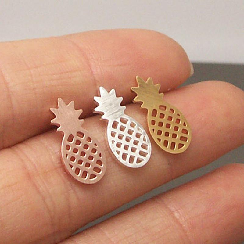 Hollow Brushed Pineapple Alloy Plated Stud Earrings in Gold, Silver, and Rose Gold