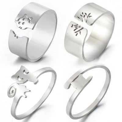 Fashion Hollow Cat Stainless Steel Adjustable Ring Set