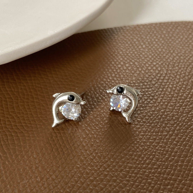 Korean Style Dolphin Zircon Stud Earrings for Women