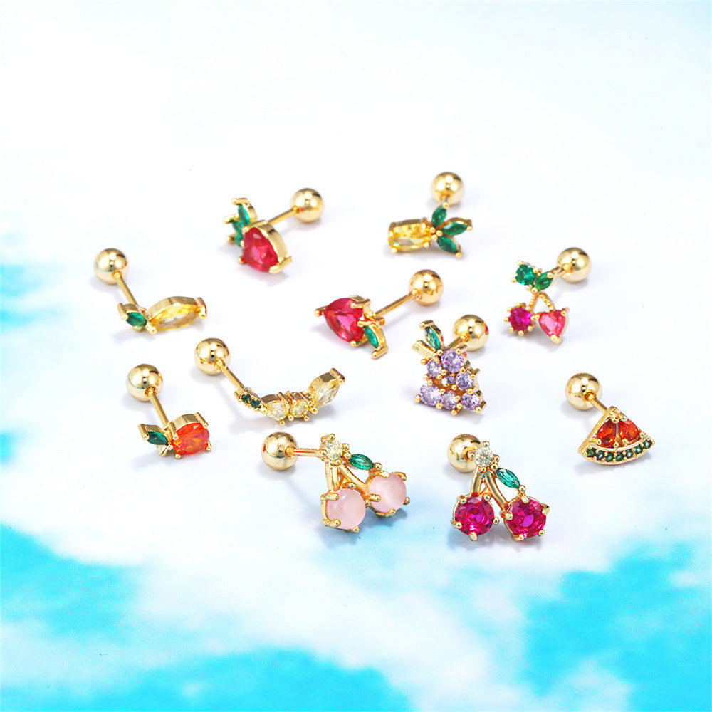 Fashion Fruit Zirconia Copper Earrings - 18k Gold Plated Studs for Women