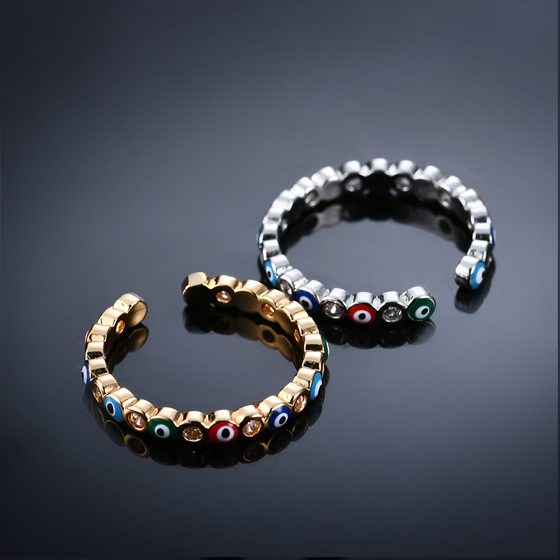 Fashion Jewelry Copper Ring with Micro-inlaid White Zircon and Enamel Evil Eye Design