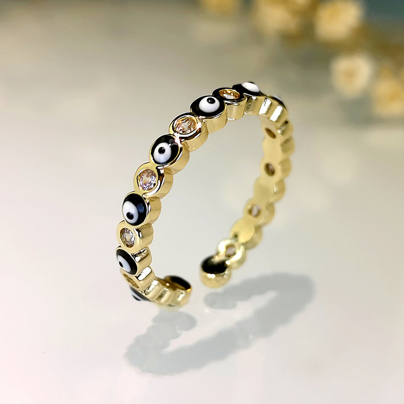 Fashion Jewelry Copper Ring with Micro-inlaid White Zircon and Enamel Evil Eye Design