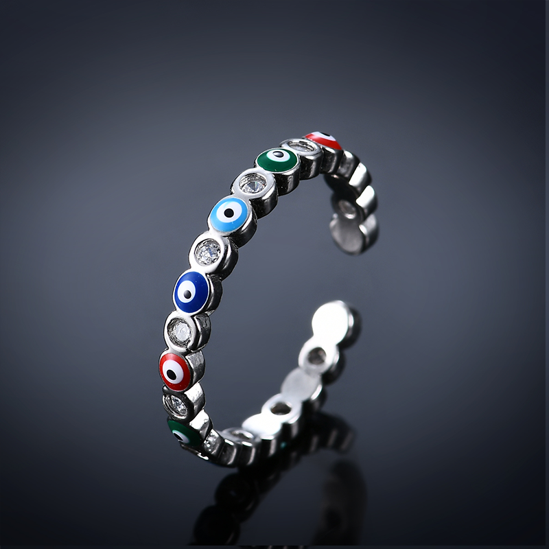 Fashion Jewelry Copper Ring with Micro-inlaid White Zircon and Enamel Evil Eye Design