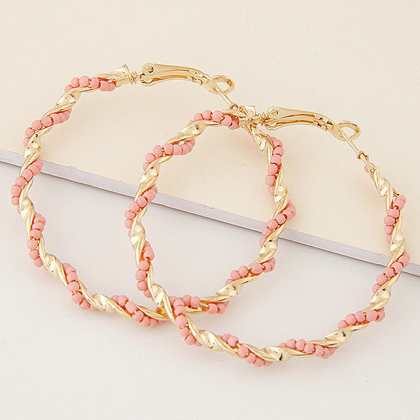 Fashion Metal Guilloché Twist Bead Hoop Earrings