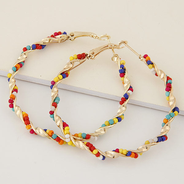 Fashion Metal Guilloché Twist Bead Hoop Earrings