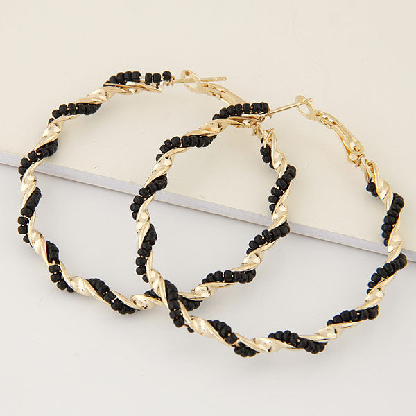 Fashion Metal Guilloché Twist Bead Hoop Earrings