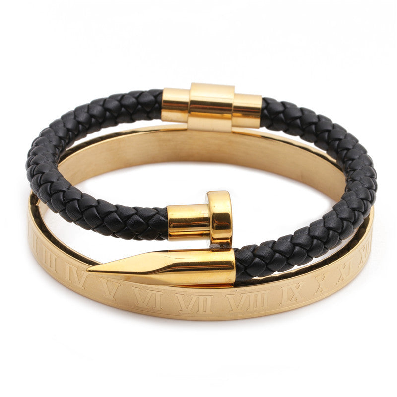 Stainless Steel Roman Alphabet Box & Nail Design Woven Leather Bracelet Set for Men