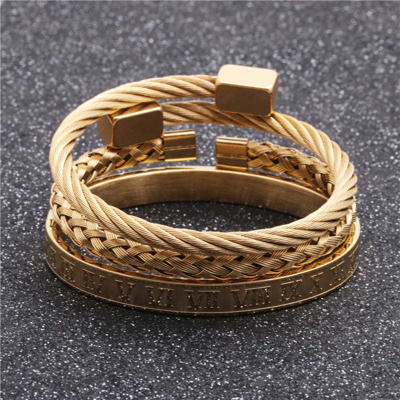 Stainless Steel Roman Alphabet Box & Nail Design Woven Leather Bracelet Set for Men