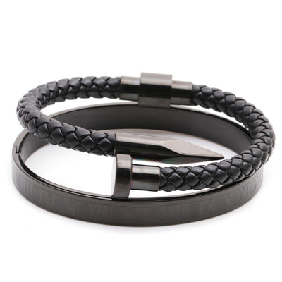 Stainless Steel Roman Alphabet Box & Nail Design Woven Leather Bracelet Set for Men