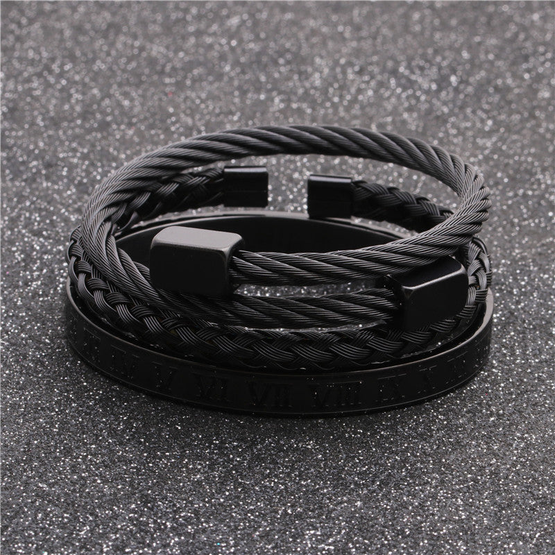 Stainless Steel Roman Alphabet Box & Nail Design Woven Leather Bracelet Set for Men