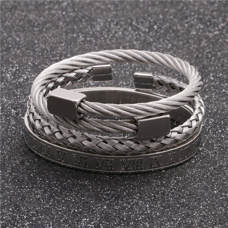 Stainless Steel Roman Alphabet Box & Nail Design Woven Leather Bracelet Set for Men