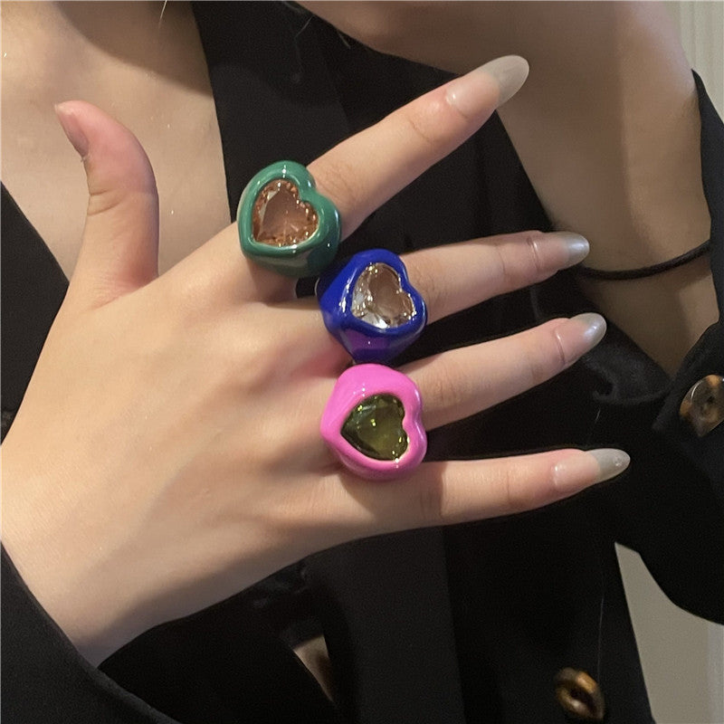 Colorful Enamel Heart-shaped Gemstone Ring - Bold Fashion Design