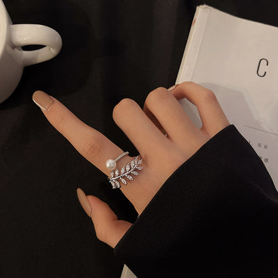 Fashion Leaf Zircon Adjustable Open Ring for Women